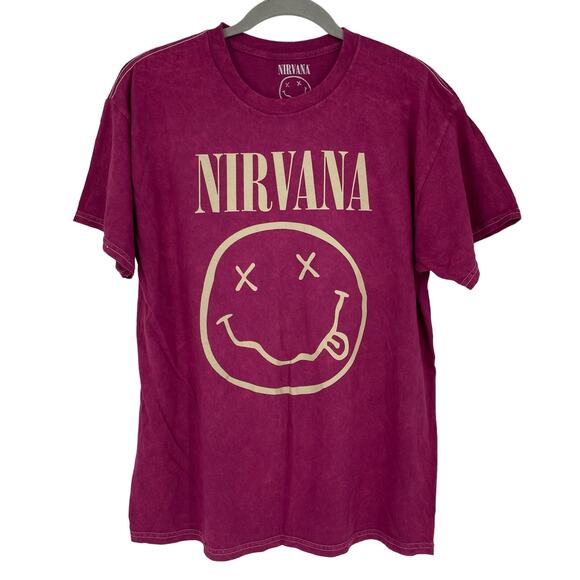 Officially Licensed Nirvana Nevermind Smiley Grunge Tee Magenta Acid Wash Large - Picture 1 of 5